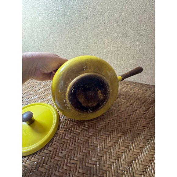 Vintage Fondue Pot Mustard Yellow Mod Brown Floral Pattern With Lid - Picture 5 of 6